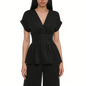 Women's V-Neck Peplum <b>Top</b> Short Sleeve Smocked Waist Casual Blouse Shirt Fashion - Product Image 4