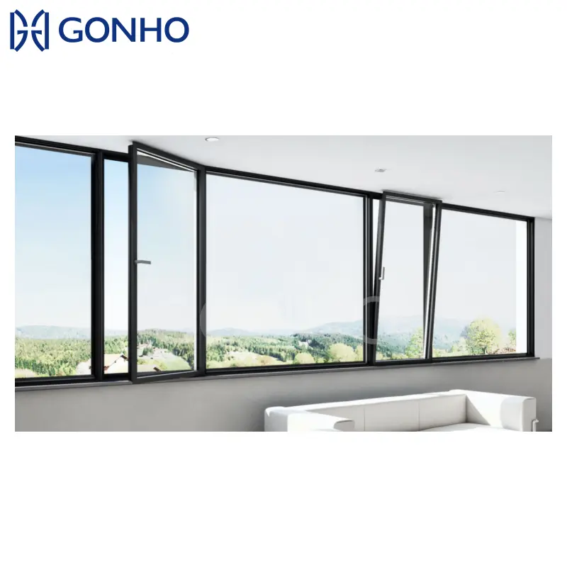 GONHO中国窓メーカーサプライヤーFrp100mm電動機ブラックアルミドアターンアンドタイルトウィンドウ