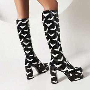 Bright Patent High Block Heel Shoes Women Prints Long Booties Square Toe Platform Knee-High Booties - Product Image 3