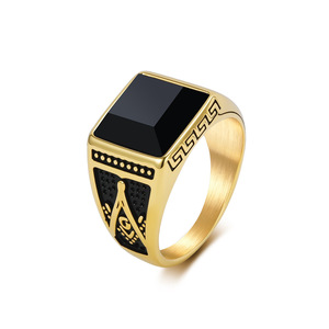 Freemason <b>Ring</b> Men's <b>Titanium</b> Steel Black Glass Gemstone Geometric Design Bezel Setting Gift Jewelry - Product Image 5