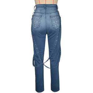 Jeans de mezclilla de cintura alta con remaches metálicos, estilo casual urbano para <span class=keywords><strong>mujer</strong></span>, transfronterizos, otoño - Product Image 1