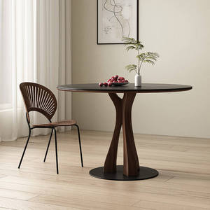 Tavolo da Pranzo Artistico Rotondo in Pietra Sinterizzata con Base Curva in Legno di Noce, Arredamento Moderno per Cucina - Product Image 3