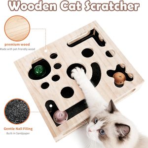 Caja de Enriquecimiento Grande de Madera Maciza para Gatos, Caja de Juego Rascador para Gatos con Tapa Abatible y Cierre, Rascador de Papel de Lija - Product Image 5