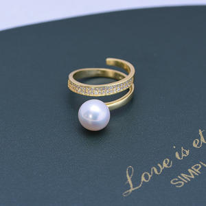 9-10mm Round Strong Light White Freshwater Pearl <b>Ring</b> for Women S925 Gold Double Loop <b>Ring</b> with <b>Opening</b> - Product Image 3
