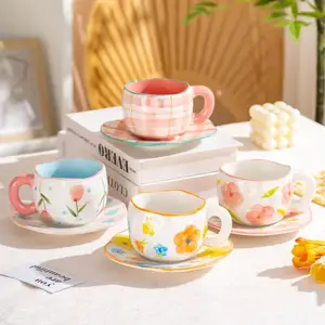 Factory Supplier 2024 New Creative Hand Painted Cute gift Ceramic Coffee Mugs Tulip Porcelain Milk Cup Tea Mugs with Saucers