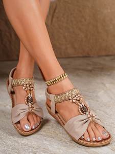 2026 Summer Bohemian Style <b>Flat</b> <b>Sandals</b> with Flower Rhinestone Decor Comfy Casual Outdoor Seaside Beach Footwear for Women Daily - Product Image 1