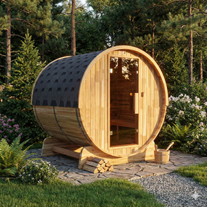 Sauna de Barril para Exteriores de Madera de Cedro Rojo Moderna, Directo de Fábrica, con Ventana Panorámica de Vidrio, Calentador de 6KW, Cabina de Vapor Húmedo - Product Image 1