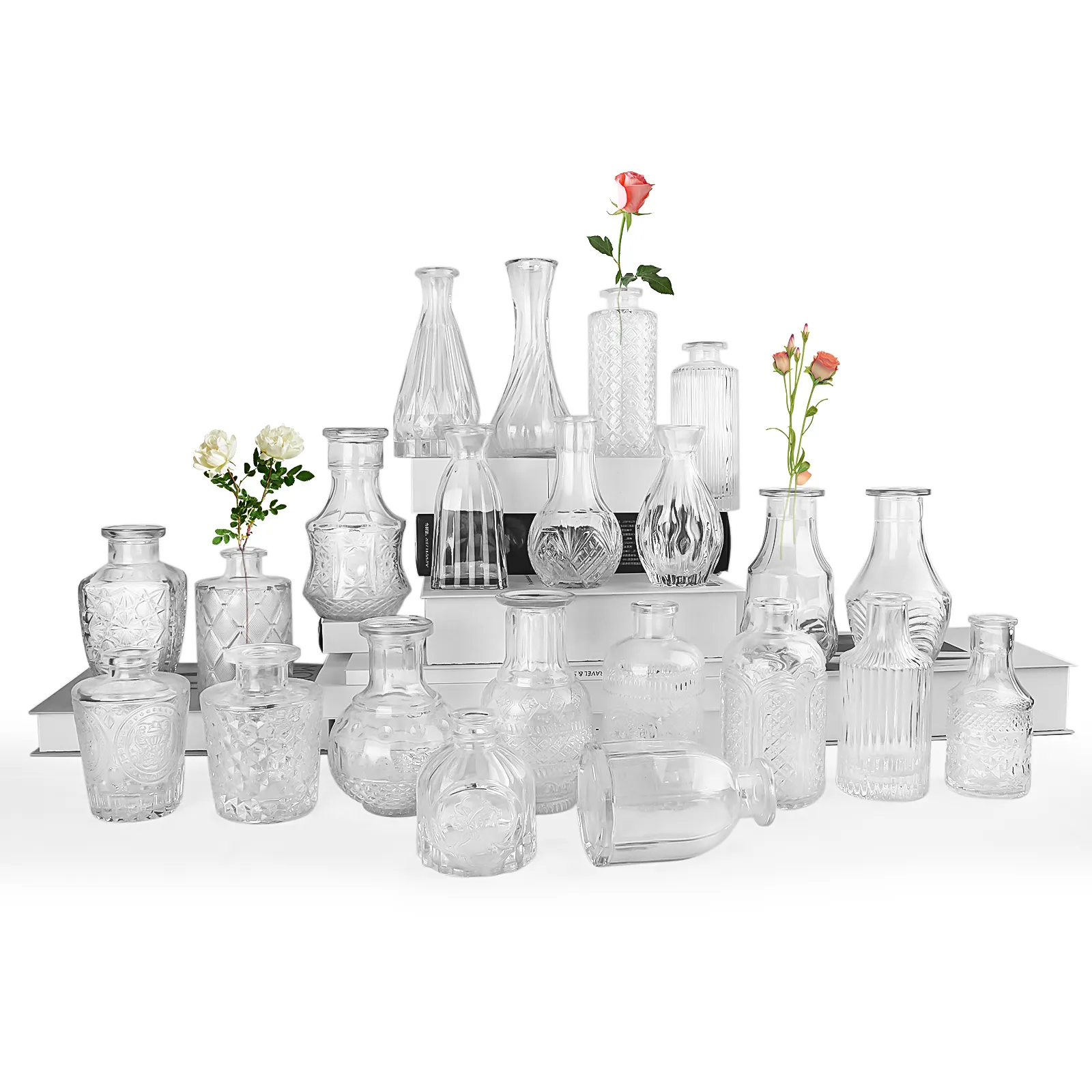 Gerippte transparente Knospe Topf Bulk dekorative Hochzeit benutzer definierte Großhandel runde kleine Mini-Zylinder klare Blume Glasvase