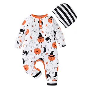 Wholesale Baby Clothes Bamboo Infant Clothes Bodysuit Onesies Halloween Pumpkin Head Baby Boy Rompers Wear A Hat