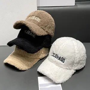 Toptan 6 Panel Unisex tasarımcı şapka özel nakış logosu kış kadın kuzu polar peluş beyzbol şapkası kuzu yün beyzbol şapkası s