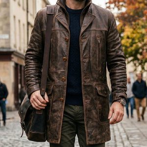 Wholesale Top Selling <b>Men</b>’s <b>Long</b> <b>Coat</b> Double Breasted Custom Color Embossed Genuine Leather <b>Coat</b> Mid Length Winter Wear - Product Image 2