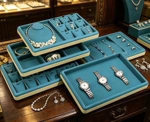 Plateaux de présentation de bijoux en velours bleu sarcelle avec bords beiges, organisateur multi-compartiments pour colliers, bagues, montres et bracelets - Product Image 5