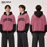 Sweat à capuche zippé vintage personnalisé en coton pour homme, avec strass, logo floqué et blocs de couleur contrastés, style streetwear