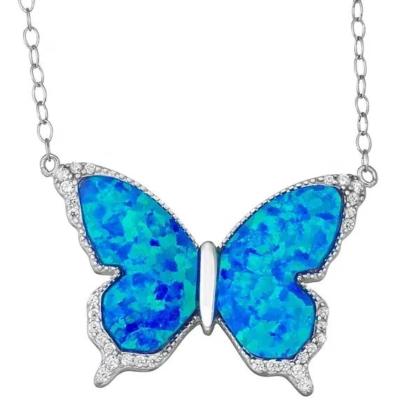 Wholesale gemstone white cubic zirconia fine jewelry solid 925 sterling silver create opal blue butterfly necklace