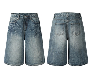 New Arrival Washed Lightning Pattern Blue Cropped Denim <strong>Shorts</strong> Unisex Retro Baggy Neutral Style Black Men's Jorts