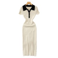 Robe longue moulante élégante en maille pour femme, col polo, color-block, style vintage, amincissante, pour l'été
