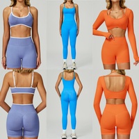 Ensemble de yoga sans couture 5 pièces personnalisé EnovStars pour femme : soutien-gorge de sport, débardeur, haut court à manches longues, short, leggings, et legging froncé pour le fessier, idéal pour la gym et l'entraînement.