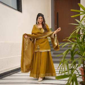 Traditional Women's Mustard Chiffon Salwar Kameez Set With Embroidered Dupatta Daily Wear Ethnic Outfit Spring Summer - Product Image 1