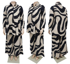 N7953时尚加大码女装条纹印花长袖宽松衬衫 + 直腿裤套装两件套女装 - Product Image 6