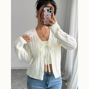 Cárdigan de diseño de punto de cordel con <span class=keywords><strong>cuello</strong></span> en V desabotonado, nuevo suéter blanco informal Vintage con correa de lazo para <span class=keywords><strong>mujer</strong></span> - Product Image 5