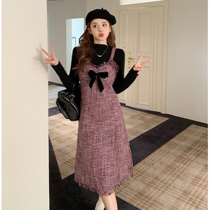 Mengmeng WP-614 Two Piece Set <b>Long</b> Sleeve Top With Bow <b>Slip</b> Dress High Neck Vintage Style Daily Wear Casual Dresses - Product Image 2