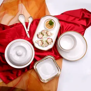 Popular high end quality customized decal design gift box 50pcs porcelain dinner plate set for dining in first-class restaurant