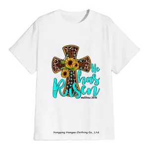 Wholesale shirt 28-Wholesale Women Faith T Shirt He Has Risen Matthew 28:06 Print Leopard Sunflower Cross 100% Cotton Womens Plus Size Tops