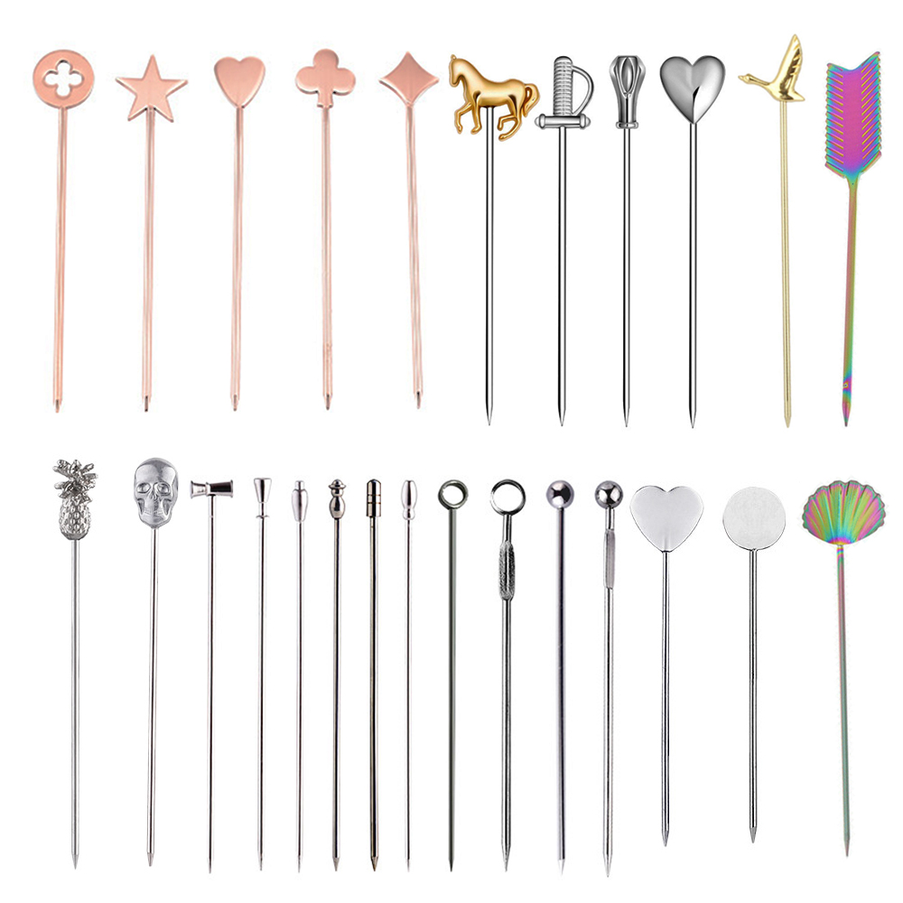 Custom Stainless Steel Cocktail Garnish Pick Decorative Food Picks Drink Sticks Silver Fruit Toothpicks Bar Tools 46 Design