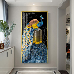 Décor de maison Cuadros <span class=keywords><strong>bleu</strong></span> <span class=keywords><strong>paon</strong></span> fleur plume oiseau mur Art imprime photo verre <span class=keywords><strong>paon</strong></span> cristal porcelaine toile peinture - Product Image 3