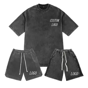 Vintage Wash Cotton Unisex Short Set Custom Logo Print Design T Shirt Manufacturer Heavyweight Acid Wash Shorts And T Shirt Set