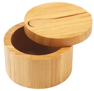 Bamboo Salt Cellar with Mini Spoon, Salt Box with Swivel Magnetic Closure Lid, Round Salt Container to Storage Pepper Spice