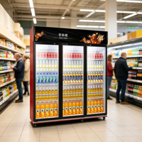 Réfrigérateur de présentation de boissons noir à trois portes avec refroidissement statique et bande publicitaire large pour allée de boissons fraîches en supermarché