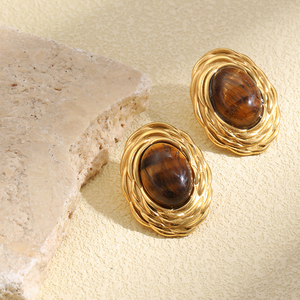 Pendientes de Acero Inoxidable con Baño de Oro de 18K, Diseño Retro Europeo y Americano, con Patrón de Espiga de <span class=keywords><strong>Trigo</strong></span> y Ojo de Tigre, para Mujer - Product Image 1