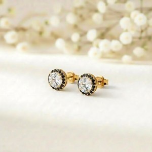 White Topaz Stud Earrings With <b>Black</b> Spinel Accents Round Cut Natural Gemstone In 925 Sterling Silver Or 18K Gold Filled Minimal - Product Image 1