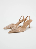 Sandales d'été à talons hauts pour femmes ZA, en dentelle brodée florale, à enfiler, bout pointu, talon fin, antidérapantes, avec accent perle, chaussures habillées