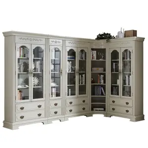 Классический белый роскошный книжный шкаф в американском стиле, книжный шкаф из массива дерева, двухдверная библиотека, книжный шкаф, мебель для дома и офиса