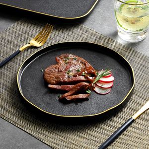 Precio de fábrica, venta al por mayor, plato plano para servir con borde dorado de gres, platos negros de cerámica mate, plato de cena para cafetería, restaurante - Product Image 2