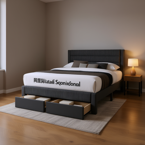 Lit contemporain Db Queen Size rembourré avec tiroir de rangement, cadre de lit en tissu anthracite pour chambre à coucher - Product Image 2