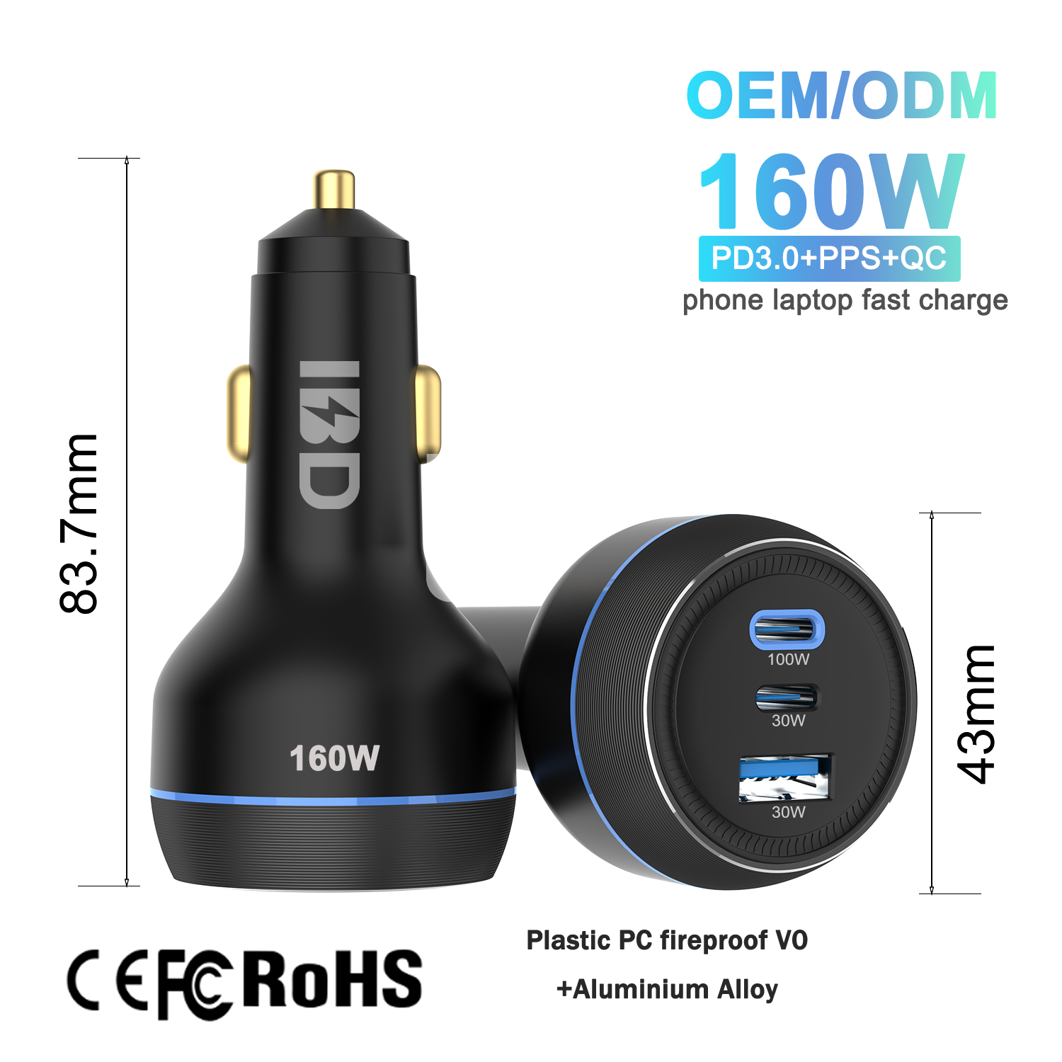 Black Metal 160W Fast car charger