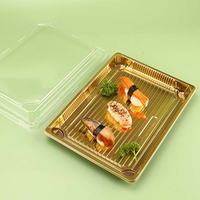 Boîte à sushi jetable de style japonais, emballage en plastique pour aliments, base noire avec film doré pour les plats à emporter