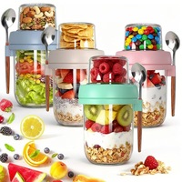Stoples Oatmeal Kaca dengan Tutup dan Sendok, Wadah Yogurt Dinding Tunggal, Wadah Makanan Siap Saji, Cangkir Sarapan Portabel, Wadah Sereal, Susu, Salad, Tahan Panas