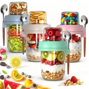 Tarros de vidrio para avena nocturna con tapas y cucharas, vasos de yogur de pared simple, recipientes portátiles para llevar, tazas de desayuno, para cereales, leche, ensalada, aptos para calentar - Product Image 1