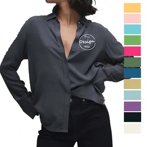 Kaus Sifon Kancing Bawah Wanita Kantor Kustom Kaus Atasan Cetak Layar Polos Rayon Spandex Wanita dengan Logo Anda