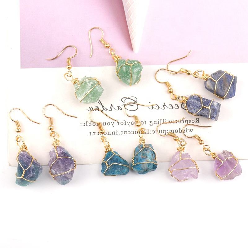 Fashion Healing Gemstone Crystal Earrings Wrapped Hexagonal