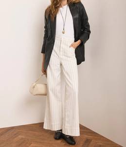 Jean droit blanc à fines rayures, taille mi-haute, coupe ample, en coton/polyester, résistant à la décoloration, lavable, style vintage, élégant et décontracté - Product Image 4