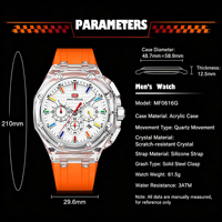 Reloj de Pulsera Deportivo Casual para Hombre, con Caja Octogonal Transparente, Cronógrafo de Cuarzo, Esfera con Marcadores Coloridos, Correa de Silicona, Resistente al Agua