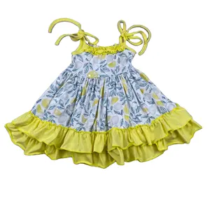 Liangzhe OEM पीला नींबू मुद्रित स्पेगेटी पोशाक बच्चों के लिए लड़की के लिए 9-10 गर्मियों जन्मदिन पोशाक बच्चे लड़की