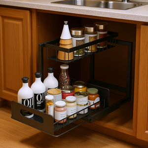 Étagère de rangement coulissante à 2 niveaux sous l'armoire, organisateur de cuisine, design minimaliste en métal, conteneur de rangement alimentaire - Product Image 2