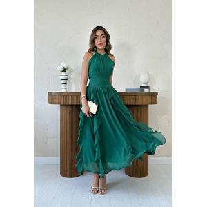 Robe en mousseline de soie vert émeraude sans bretelles, coupe trapèze, avec volants et superposition transparente, pour soirée - Product Image 5