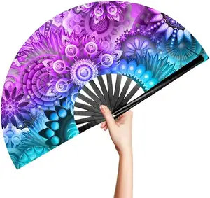 Large Folding Hand Fan, UV Glow Fan for Rave, Festival Folding Hand Fan for Women Men with Velvet Bag for Decorations and Party